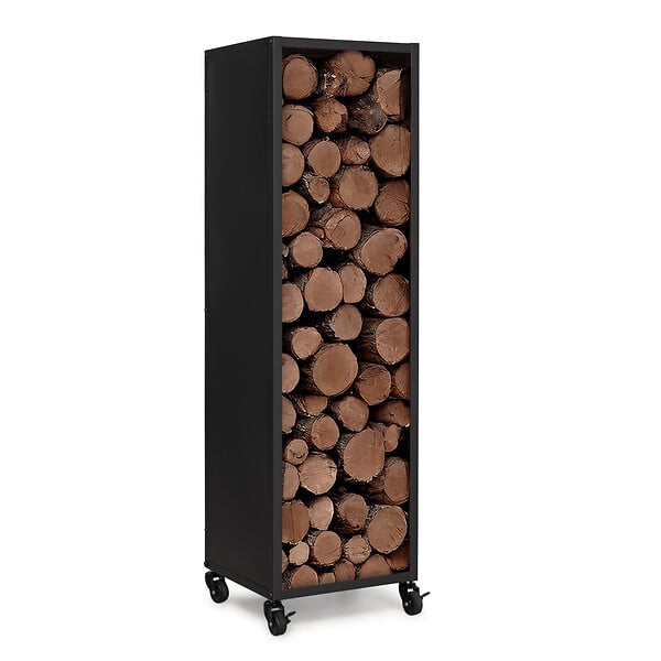 ID MARKET - Range bûches vertical plein acier noir H. 119 CM pour cheminée avec roulettes - large