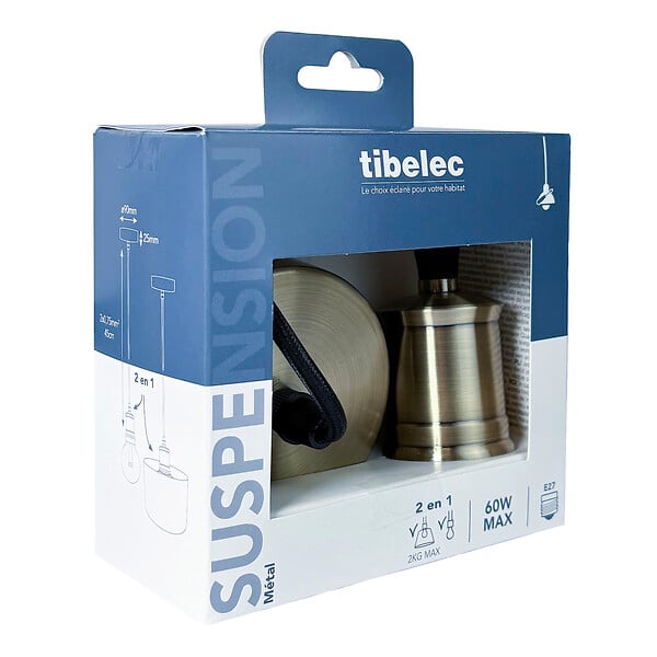 TIBELEC - Monture métal bronze E27 et fil tissu noir - large