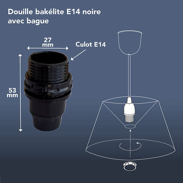TIBELEC - Douille E14 isolée demi filteée bague 35mm noir - large
