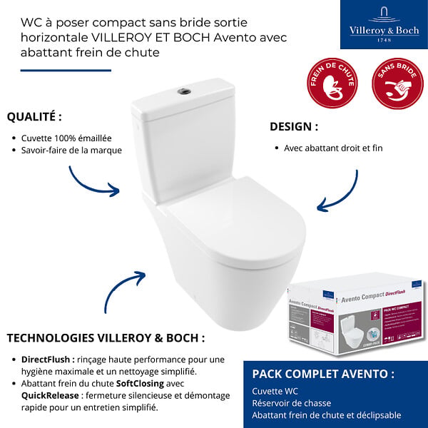 VILLEROY ET BOCH - WC à poser compact sans bride sortie horizontale  Avento avec abattant frein de chute - large