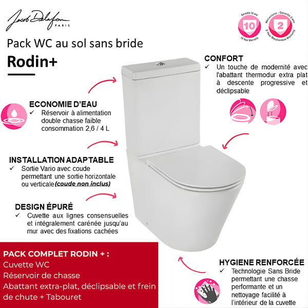 JACOB DELAFON - WC à poser sans bride sortie universelle Rodin+ avec abattant frein de chute +  tabouret physiologique bois - large