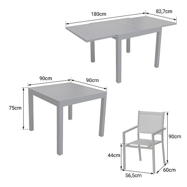 HAPPY GARDEN - Salon de jardin VENEZIA extensible 90/180 en textilène gris 8 places - aluminium blanc - large