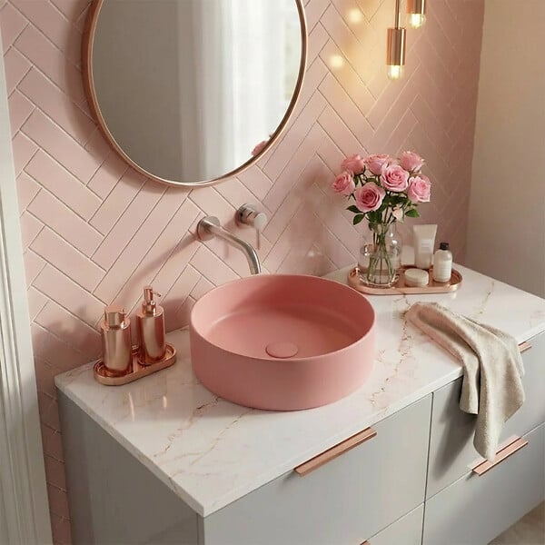 CERAMIA - Ceramia Vasque à poser ronde 36 cm hauteur 12,5 cm sans trop-plein rose mat PixL (CEPX3636PM) - large