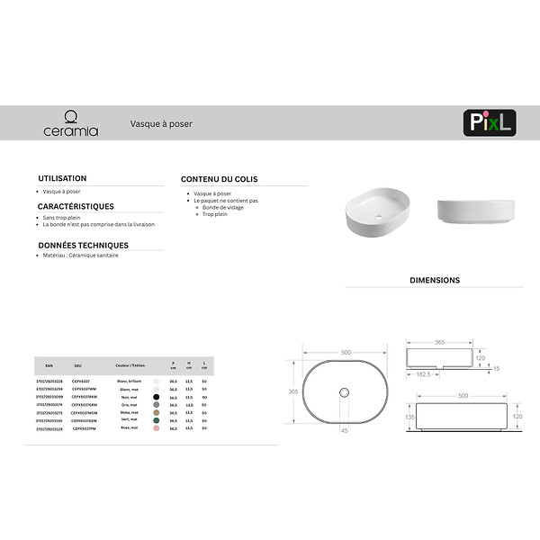 CERAMIA - Ceramia Vasque à poser ovale 50 x 36,5 x 12 cm sans trop-plein blanc brillant PixL (CEPX5037) - large