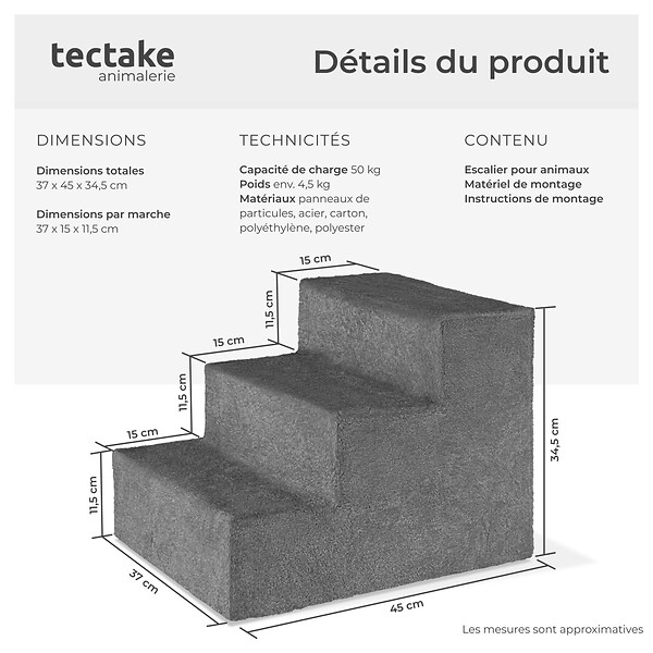 TECTAKE - Escalier pour animaux domestiques Paw Path avec housse en peluche 37 x 45 x 34,5 cm gris - large