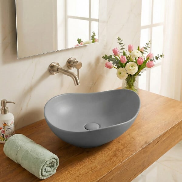 CERAMIA - Vasque à poser design asymétrique 50,5 x 38 x 19 cm sans trop-plein gris mat PixL (CEPX5038GRM) - large
