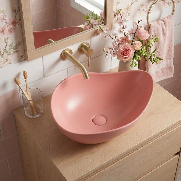 CERAMIA - Vasque à poser design asymétrique 50,5 x 38 x 19 cm sans trop-plein rose mat PixL (CEPX5038PM) - large