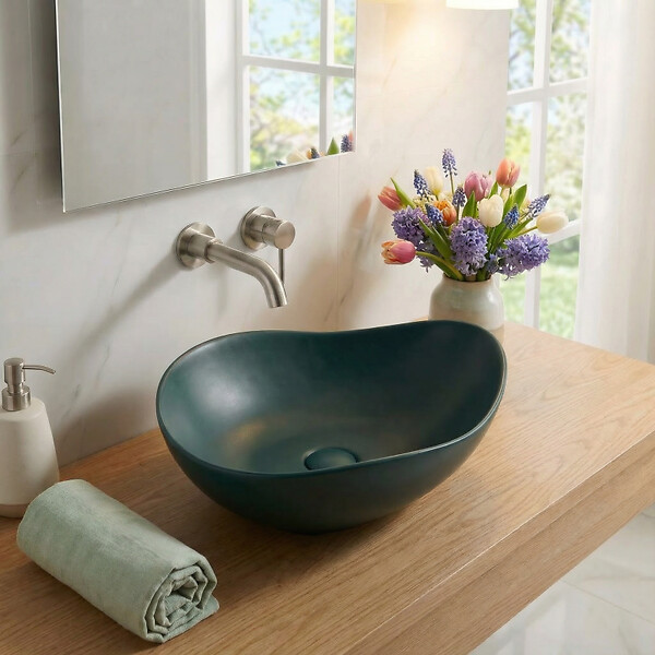 CERAMIA - Vasque à poser design asymétrique 50,5 x 38 x 19 cm sans trop-plein vert mat PixL (CEPX5038GEM) - large