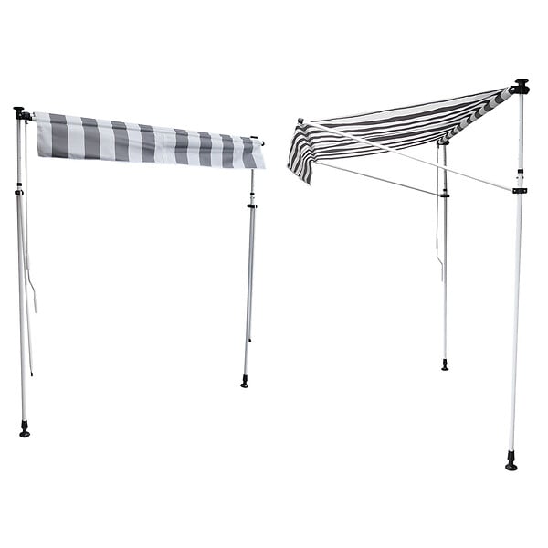 HAPPY GARDEN - Store banne pour balcon CHENE 2 × 1,2m - Toile rayée blanche/grise et structure blanche - large