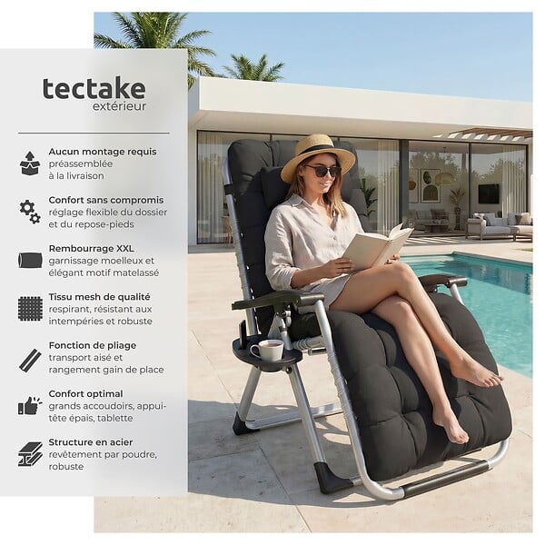 TECTAKE - Chaise longue bain de soleil pliable confortable en textilène noir avec appui-tête rembourré tablette - large