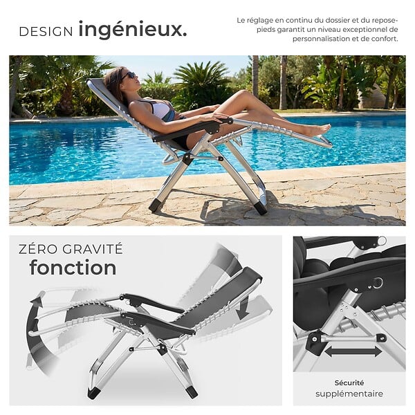 TECTAKE - Chaise longue bain de soleil pliable confortable en textilène noir avec appui-tête rembourré tablette - large