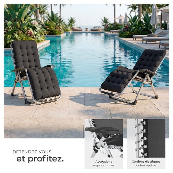 TECTAKE - Chaise longue bain de soleil pliable confortable en textilène noir avec appui-tête rembourré tablette - large