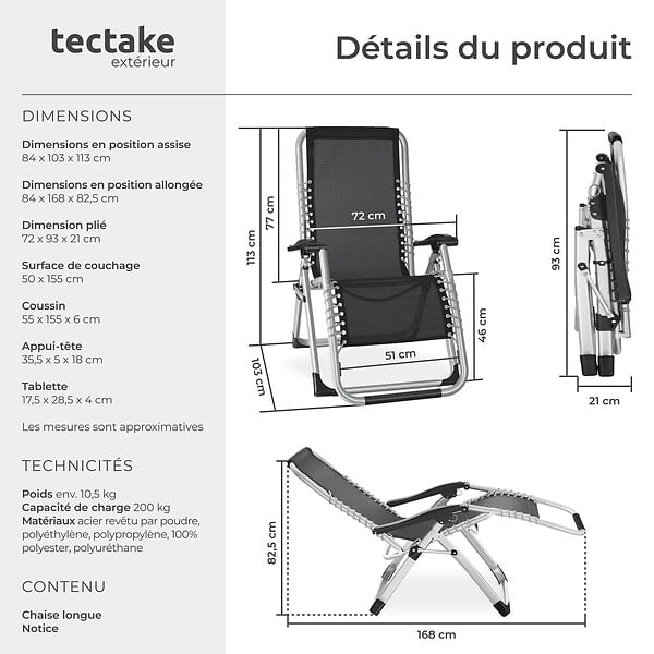 TECTAKE - Chaise longue bain de soleil pliable confortable en textilène noir avec appui-tête rembourré tablette - large