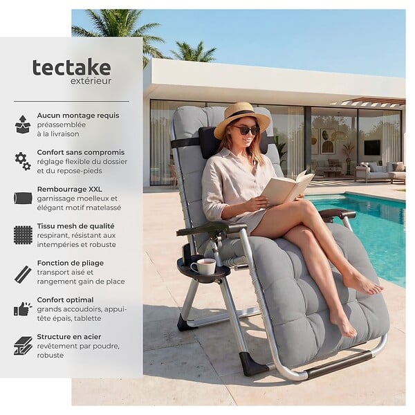 TECTAKE - Chaise longue pliable réglable bain de soleil gris clair avec appui-tête rembourré et tablette acier - large