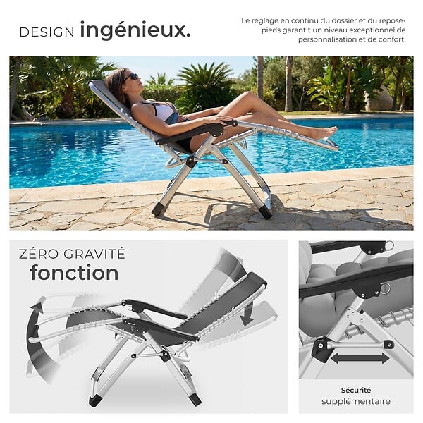 TECTAKE - Chaise longue pliable réglable bain de soleil gris clair avec appui-tête rembourré et tablette acier - large