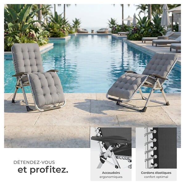 TECTAKE - Chaise longue pliable réglable bain de soleil gris clair avec appui-tête rembourré et tablette acier - large