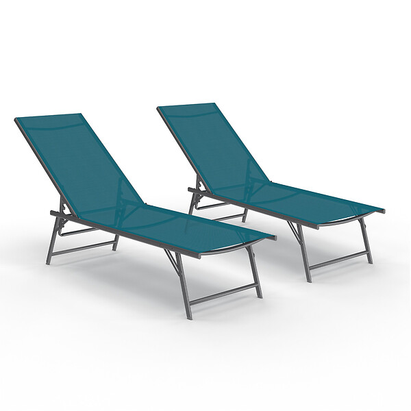 ID MARKET - Lot de 2 transats de jardin inclinables KAILUA en acier gris anthracite et toile bleu canard - large