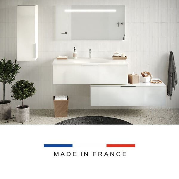 BURGBAD - Meuble vasque 90 cm Olena en décalé blanc brillant + miroir - large