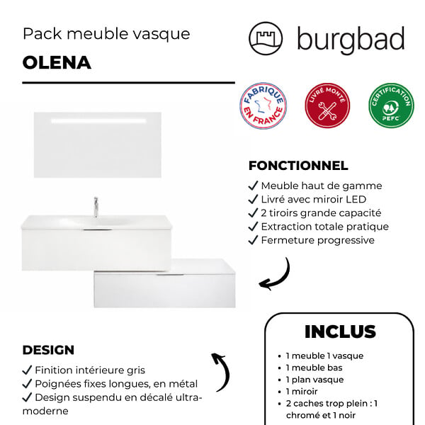 BURGBAD - Meuble vasque 90 cm Olena en décalé blanc brillant + miroir - large