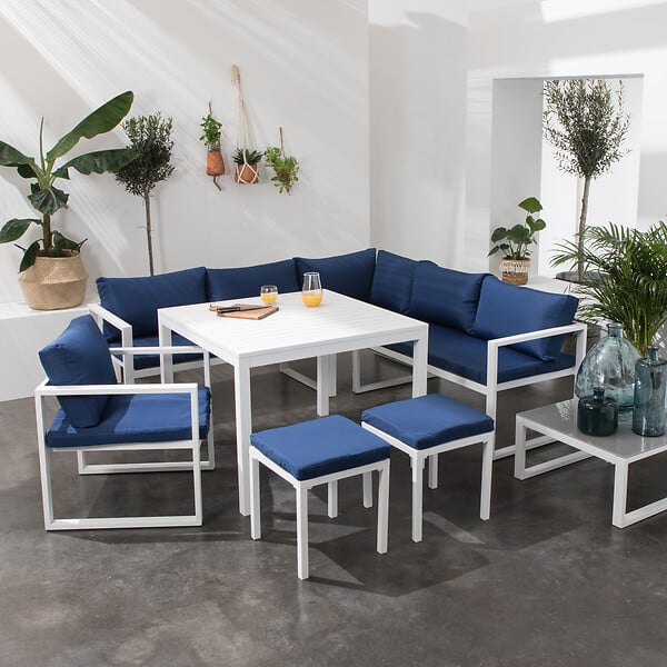 HAPPY GARDEN - Salon de jardin modulable IBIZA en tissu bleu 7 places - aluminium blanc - large