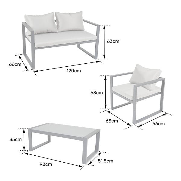 HAPPY GARDEN - Salon de jardin IBIZA en tissu bleu 4 places - aluminium blanc - large