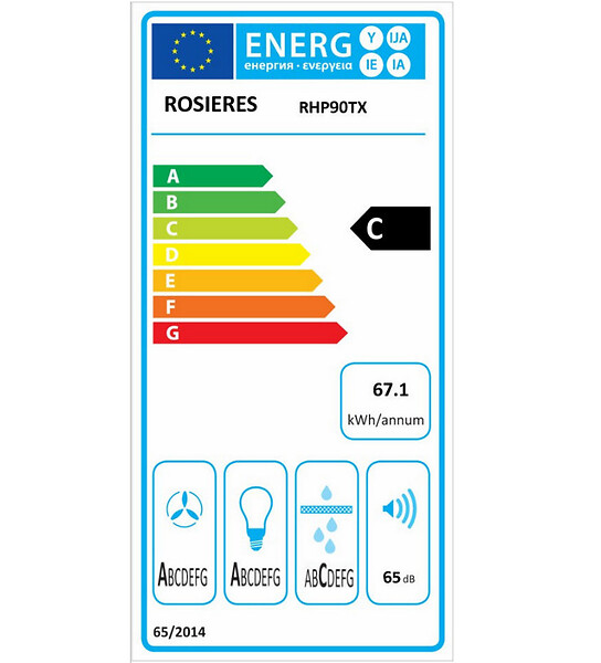 ROSIERES - hotte décorative murale 90cm 65db 504m3/h inox/verre noir - rhp90tx - large