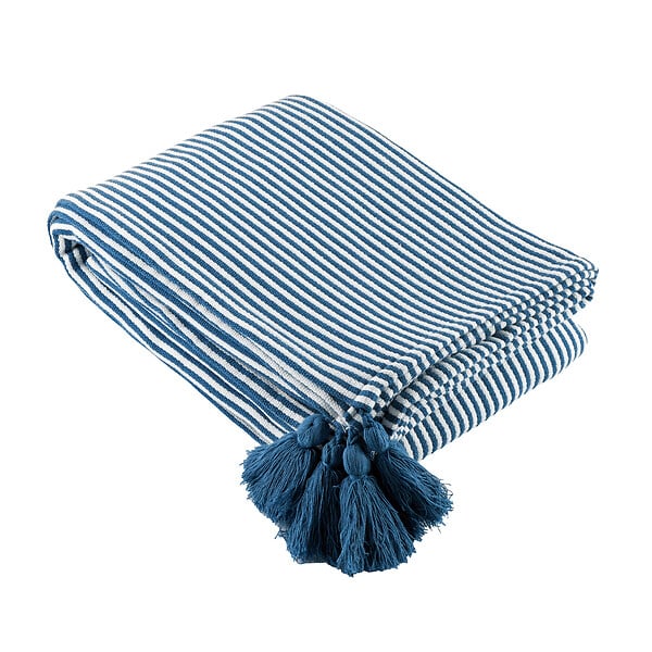 LINDER - Jeté de lit en coton Faros - Bleu méditerranée - Pompons - large
