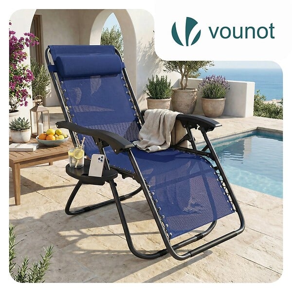 VOUNOT - Chaise longue inclinable en textilene avec porte gobelet et portable bleue - large