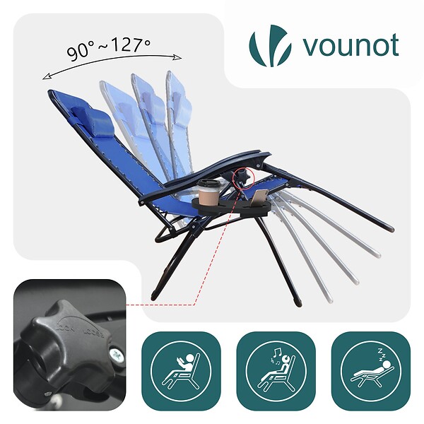 VOUNOT - Chaise longue inclinable en textilene avec porte gobelet et portable bleue - large
