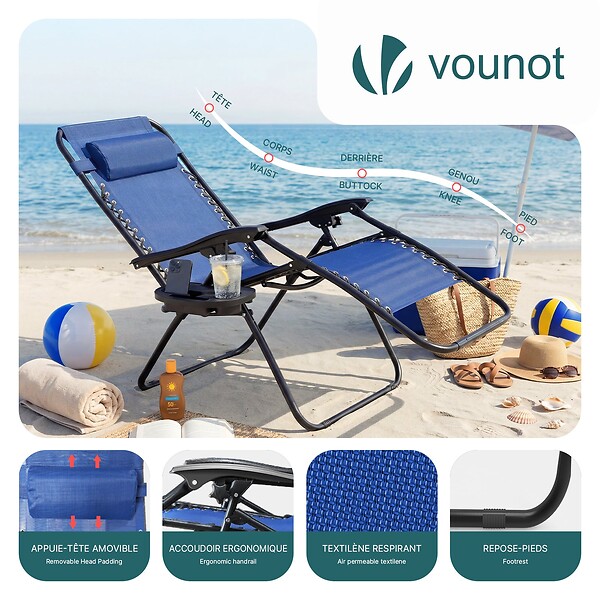 VOUNOT - Chaise longue inclinable en textilene avec porte gobelet et portable bleue - large