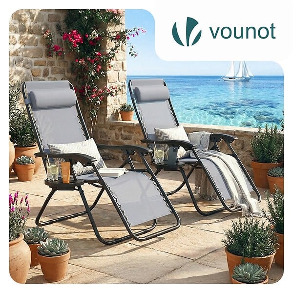 VOUNOT - Chaise longue inclinable en textilene avec porte gobelet et portable gris Lot de 2 - large