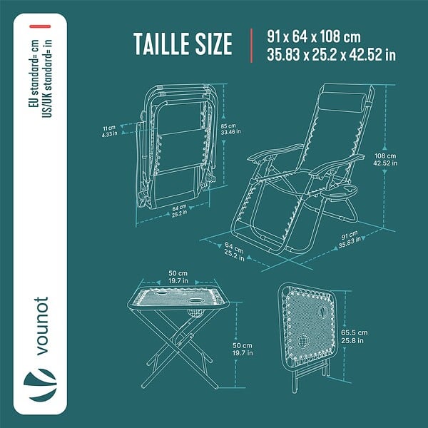 VOUNOT - Lot de 2 Chaise longue inclinable en textilene avec table d'appoint porte gobelet et portable bleu - large