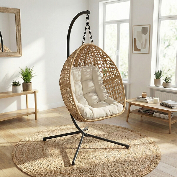 ID MARKET - Fauteuil lune suspendu ajouré effet rotin avec coussin écru - large