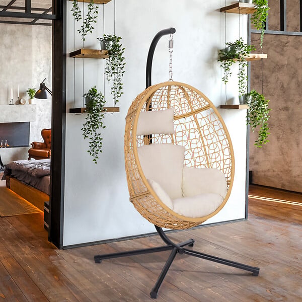 ID MARKET - Fauteuil oeuf suspendu ajouré effet rotin avec coussin écru - large