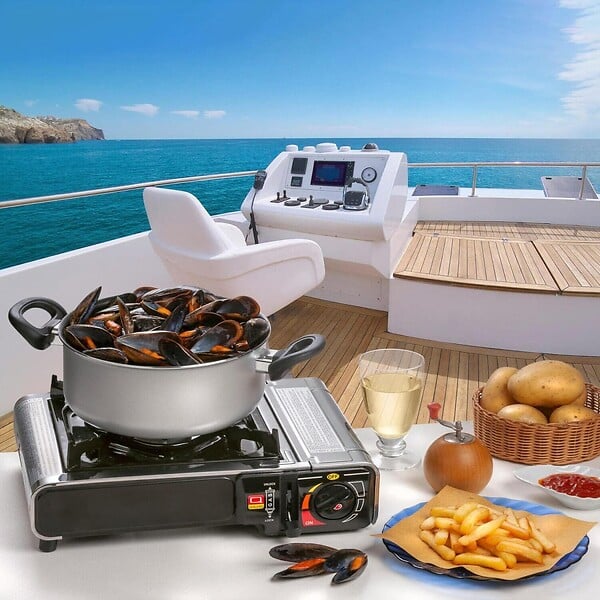 KEMPER - Réchaud à gaz portable 2200W INOX + 4 cartouches de gaz + Malette de transport Cuisson Extérieure Camping Van Trek KEMPER - large
