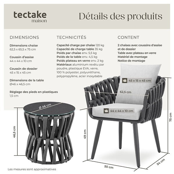 TECTAKE - Ensemble salon de jardin 2 places table chaises rope gris anthracite coussins déperlants aluminium verre mobilier extérieur terrasse - large