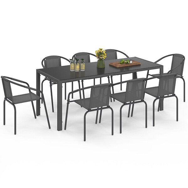 ID MARKET - Salon de jardin THELMA table 190 CM et 8 chaises empilables gris anthracite - large