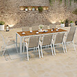 ID MARKET - Salon de jardin NOUMEA table 240 cm plateau verre trempé effet bois et 10 chaises empilables blanc et bois - vignette