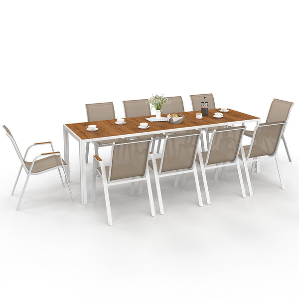 ID MARKET - Salon de jardin NOUMEA table 240 cm plateau verre trempé effet bois et 10 chaises empilables blanc et bois - large