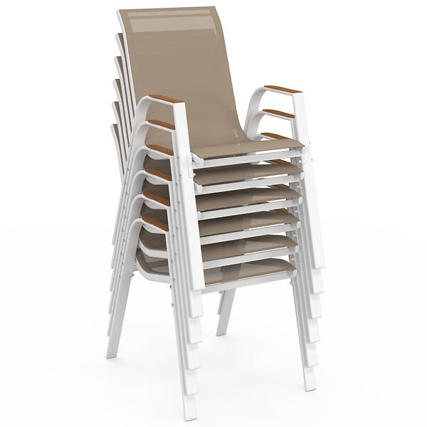 ID MARKET - Salon de jardin NOUMEA table 240 cm plateau verre trempé effet bois et 10 chaises empilables blanc et bois - large