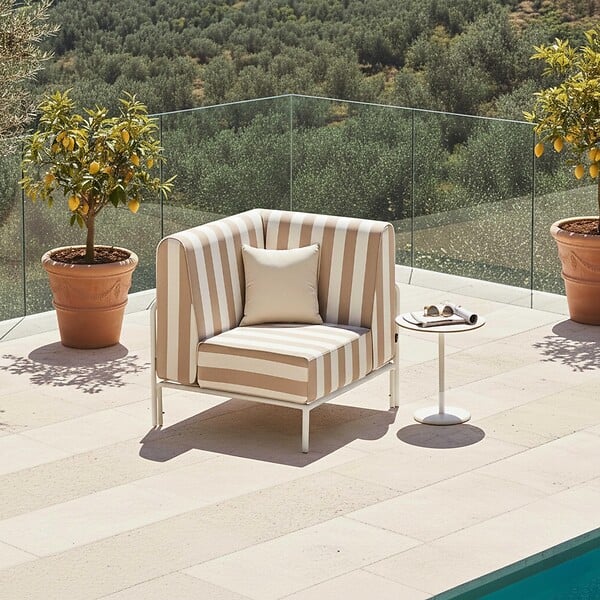 OVIALA - Fauteuil d'angle rayé pour salon de jardin modulable tissu beige - Patio - large