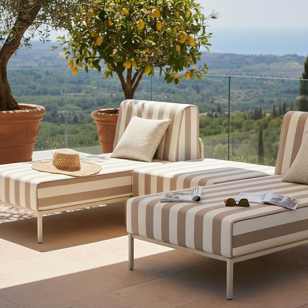 OVIALA - Salon de jardin bas modulable rayé 3 places beige - Patio - large