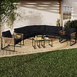 ID MARKET - Salon de jardin bas RIO 8 places salon d'angle structure métal et cordage effet rotin clair et coussins noir - vignette