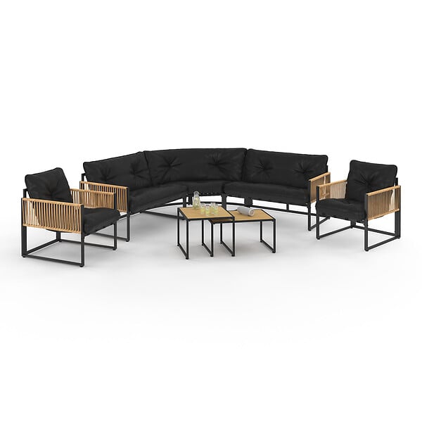 ID MARKET - Salon de jardin bas RIO 8 places salon d'angle structure métal et cordage effet rotin clair et coussins noir - large