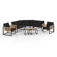ID MARKET - Salon de jardin bas RIO 8 places salon d'angle structure métal et cordage effet rotin clair et coussins noir - vignette