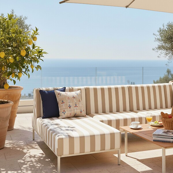 OVIALA - Salon de jardin bas modulable rayé 6 places beige - Patio - large