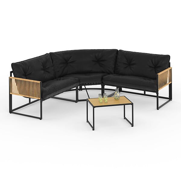 ID MARKET - Salon de jardin bas RIO 6 places salon d'angle structure métal et cordage effet rotin avec coussin noir - large