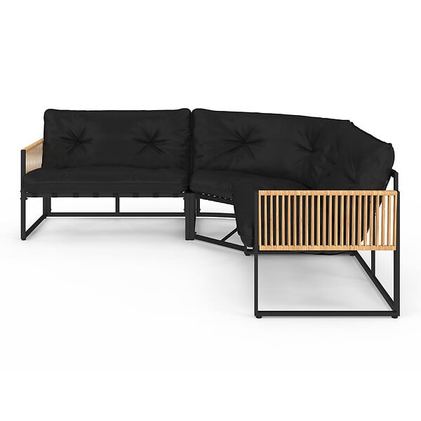 ID MARKET - Salon de jardin bas RIO 6 places salon d'angle structure métal et cordage effet rotin avec coussin noir - large