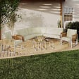 ID MARKET - Salon de jardin bas RIO 8 places salon d'angle structure métal blanc et cordage effet rotin avec coussins beiges - vignette
