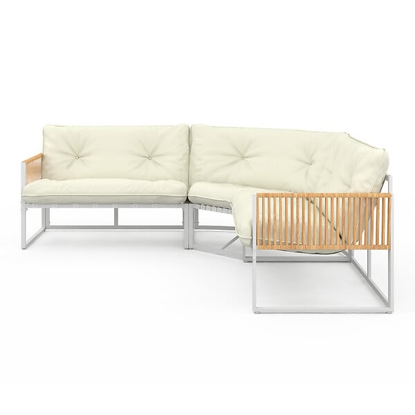 ID MARKET - Salon de jardin bas RIO 8 places salon d'angle structure métal blanc et cordage effet rotin avec coussins beiges - large